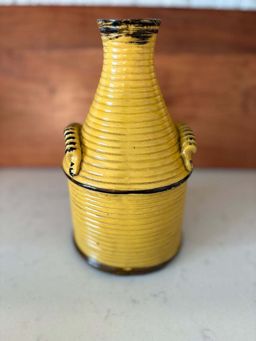 Casa Cristina Yellow Ribbed Ceramic Vase Bottle with Handles